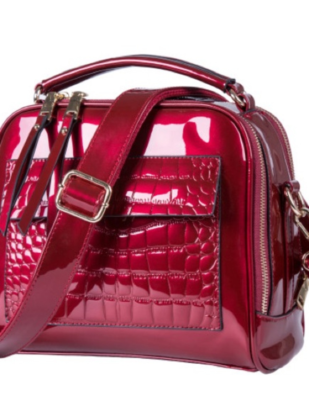 Patent Croc-Embossed Red Crossbody Bag with Gold Hardware - Picture 2 of 6